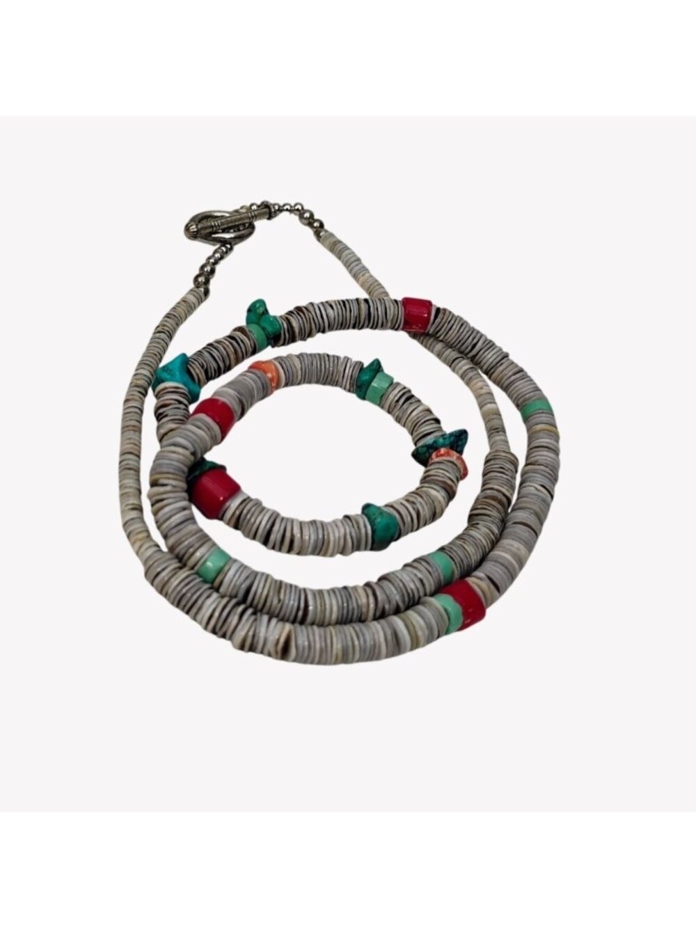 Handmade Santo Domingo Pueblo Heishi Turquoise Coral Bead Necklace 21" - Picture 2 of 7